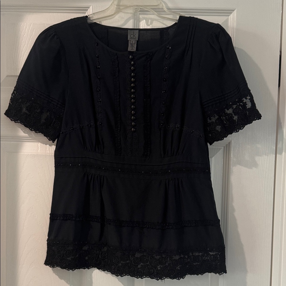Calvin Klein Black Short Sleeve Blouse with Lace